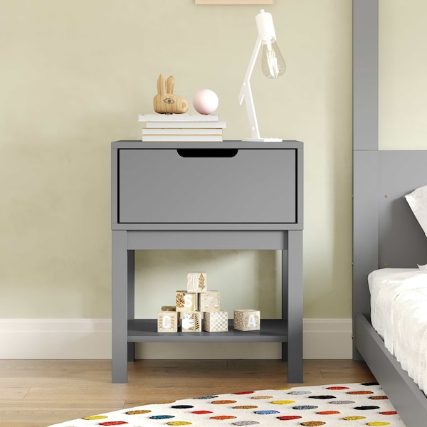 Flash Furniture Dallas Wooden Night Stand, Bedroom Side Table with Storage Drawer and Shelf for Kids in Gray MG-9007-1-NS-GY-GG - main
