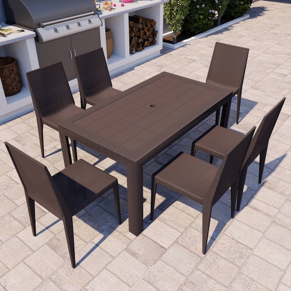 Leisuremod Mace 7-Piece Outdoor Dining Set with Rectangular Table and Stackable Chairs, Brown MT55C19BR6 - main