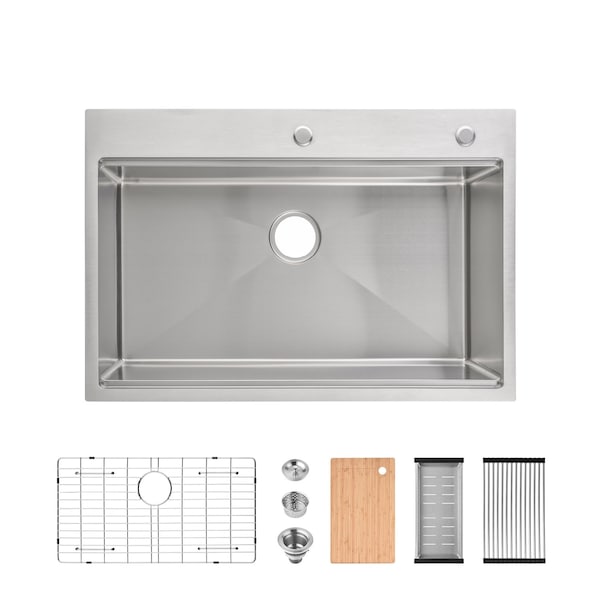 Wrightmaster 33 in. Drop-In Single Bowl 20 Gauge Silver Stainless Steel Kitchen Sink with Drain and Hook ZOR-BR01-332208 - main