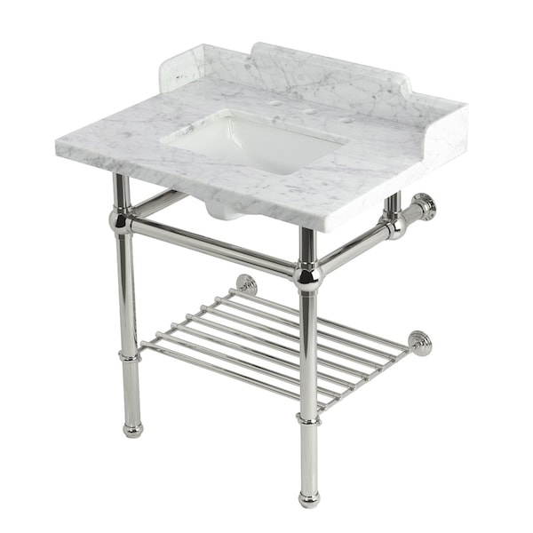 Kingston Brass 30-Inch Carrara Marble Console Sink with Brass Legs and Shelf, 8-Inch, 3-Hole LMS3030MBSQB6 - main