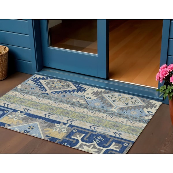 Homeroots 3' X 5' Navy Blue Green And Gray Aztec Washable Indoor Outdoor Area Rug 598484 - main