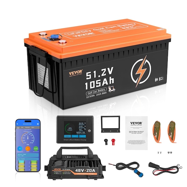 Vevor 48V 105Ah Lithium Lifepo4 Golf Cart Battery Metal Case with 20A Charger Trolling HD-51.2-100-TK-C - main
