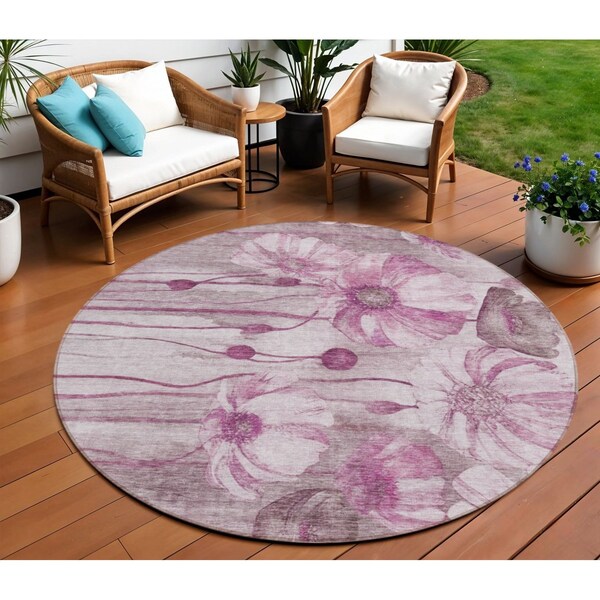 Homeroots 8' Plum Mauve And Pink Round Floral Washable Indoor Outdoor Area Rug 582760 - main