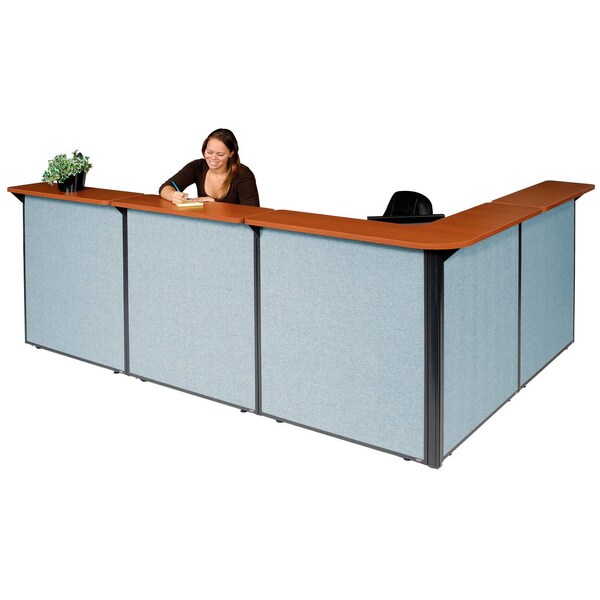 Global Industrial Interion L-Shaped Reception Station, 116"W x 80"D x 44"H, Cherry Counter, Blue Panel 249011CB - main