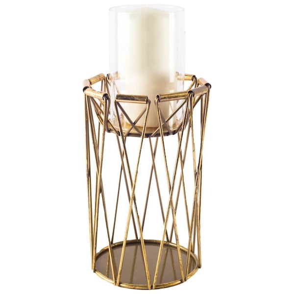 Homeroots 10" Antiqued Brass Distressed Geometric Metal And Glass Tabletop Hurricane Candle Holder 608381 - main