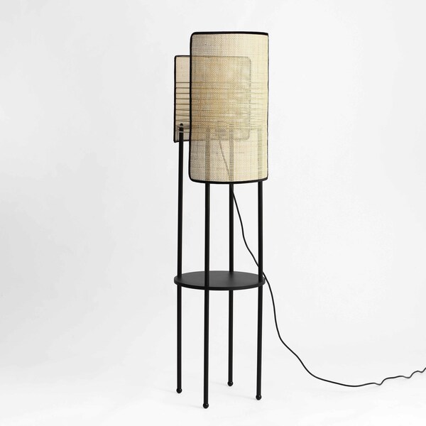 Vidalite Mazal Floor Lamp with Woven Wicker Shade, Stitched Velvet Detailing, Convenient Shelf, 62 in. Height CE1009075 - main