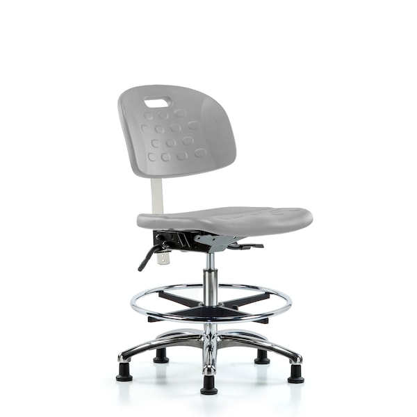 Blue Ridge Ergonomics Class 10 Poly Clean Room Chair-Medium Bench Height with Chrome Foot Ring&Stat Glides in Gray Poly CLR-HPMBCH-CR-T0-A0-CF-RG-GRY - main
