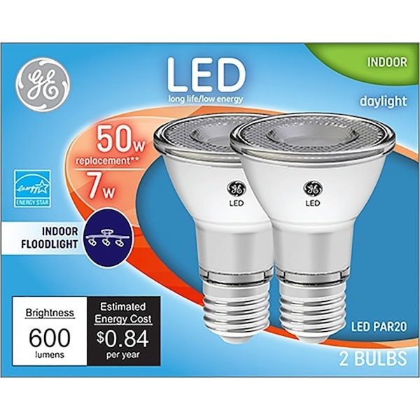 Ge Floodlight Bulb, R20 Lamp, 50 W Equivalent, Medium E26 Lamp Base, Dimmable, Clear, Daylight, 2PK 93124156 - main