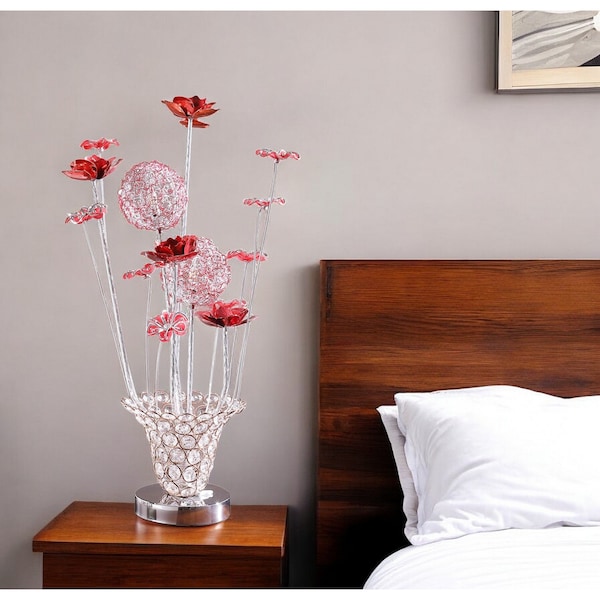 Homeroots 21" Silver and Clear Metal and Faux Crystal Red Roses Bedside Lamp 568835 - main