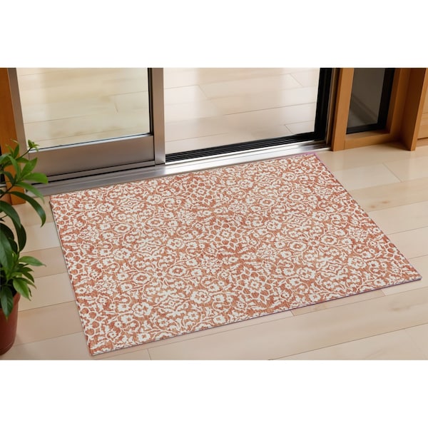Homeroots 3' X 5' Coral And Ivory Damask Washable Indoor Outdoor Area Rug 595127 - main