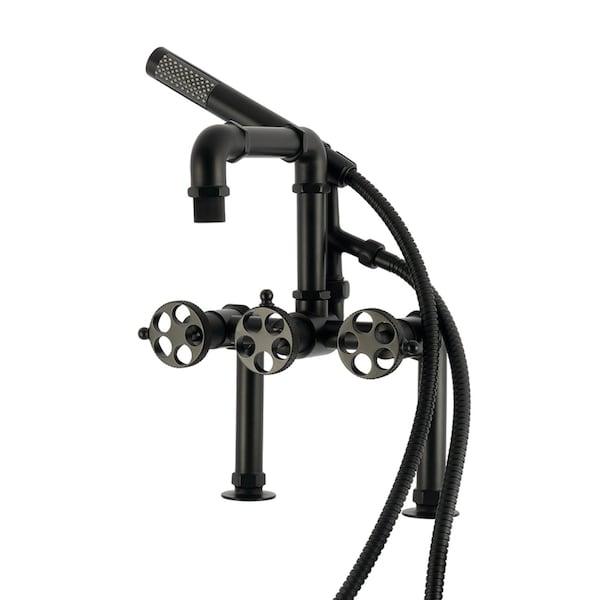 Kingston Brass 7" Center Deck-Mount Clawfoot Tub Faucet with Knurled Handle and Hand Shower, Matte Black AE6400RKX - main