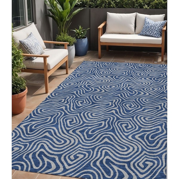 Homeroots 5' X 8' Navy Blue And Gray Abstract Washable Indoor Outdoor Area Rug 599821 - main