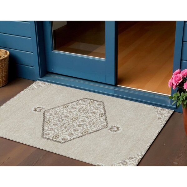 Homeroots 3' X 5' Beige Brown And Ivory Oriental Washable Indoor Outdoor Area Rug 598166 - main