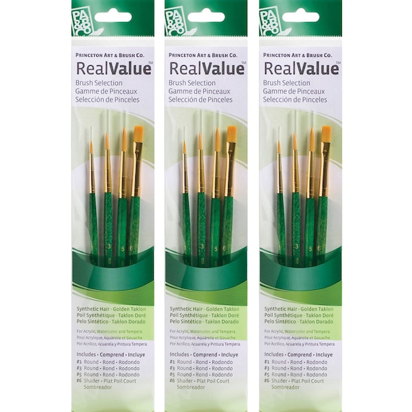 Princeton RealValue Brush Set, Gold Taklon Bristles, Short Handle Mixed Media Paintbrush, 4-Piece Set, 3PK PR9115 - main