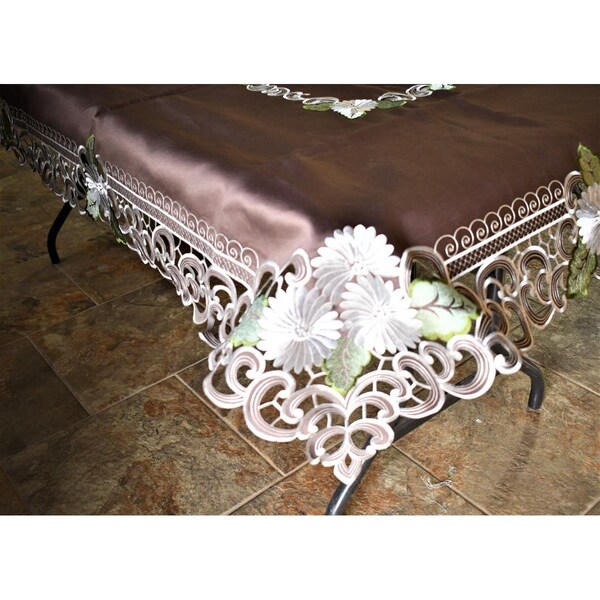 Sinobrite H8852-1-68x90 68 x 90 in. White Daisy Green Leaves on Brown Fabric Tablecloth H8852/1-68x90 - main