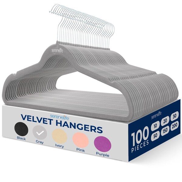 Serenelife Premium Velvet Hangers, Ultra-Thin, Non-Slip and Heavy-Duty, 360 Deg Swivel Hooks, Gray, 100PK SLHVELGRY100 - main