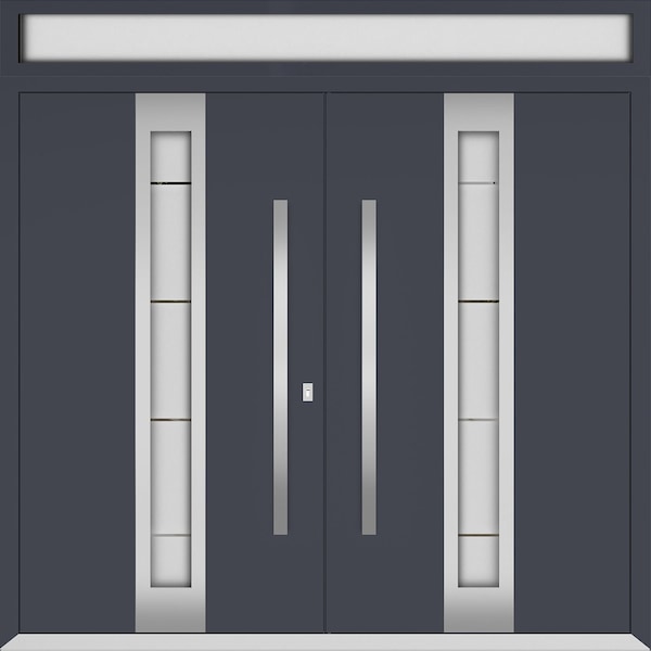Vdomdoors Metal Double Doors Deux 0757 Gray Graphite Frosted Glass Top Transom Entry Modern Painted (W72xH80+ DEUX0757DEXD-GRE-W72xH80+16-LH-O - main
