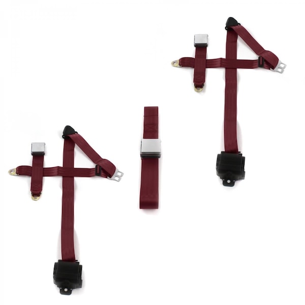 Geared2Golf Airplane 3 Point Burgundy Retractable Bench Seat Belt Kit for Ford Truck 1967-1979 - 3 Belts GE1569963 - main