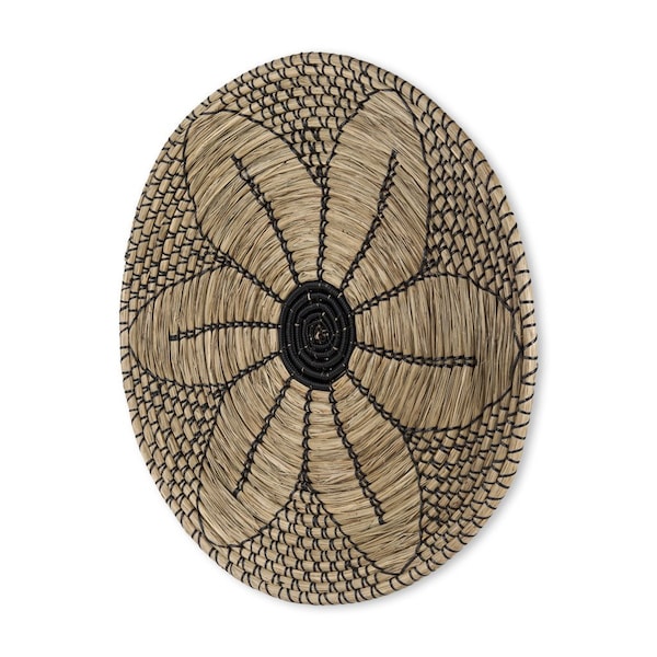 Homeroots Mekhi 24" X 24" Black And Light Brown Floral Seagrass Circle Hanging Dimensional Sculpture 608655 - main