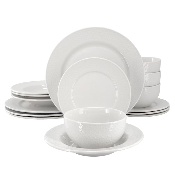 Elama Soyer 16 Piece Textured Design Double Bowl Porcelain Dinnerware Set in White ELM-SOYER16 - main