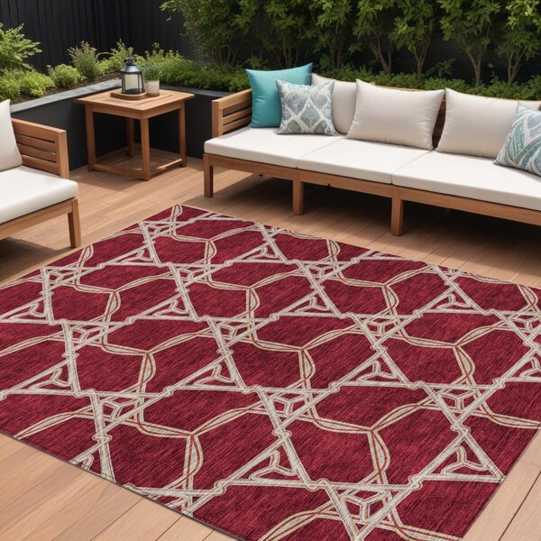 Homeroots 9' X 12' Burgundy And Gold Geometric Washable Indoor Outdoor Area Rug 613474 - main