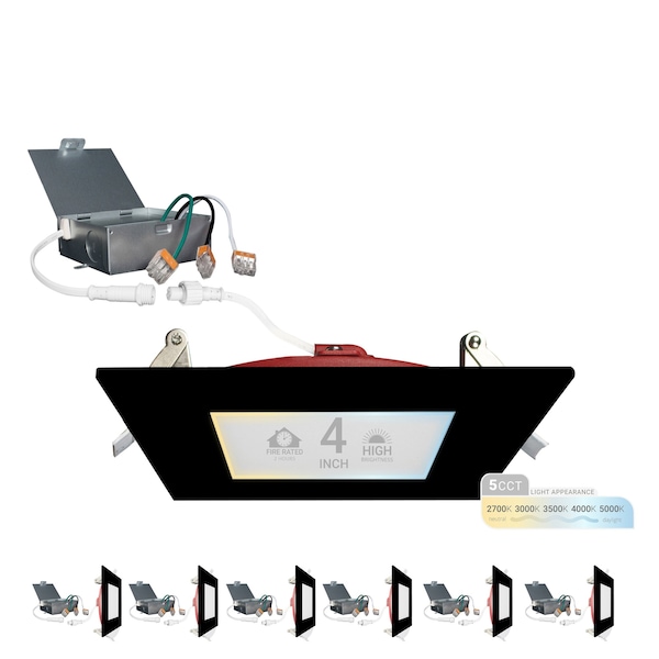 Nuwatt 4 Inch 2 Hour Black Square Fire Rated Recessed Lighting Canless LED Lights 2700K-5000K, 900LM, 6PK NW-P-SQDL-4-12W-5CT-FR-BLK-6P - main