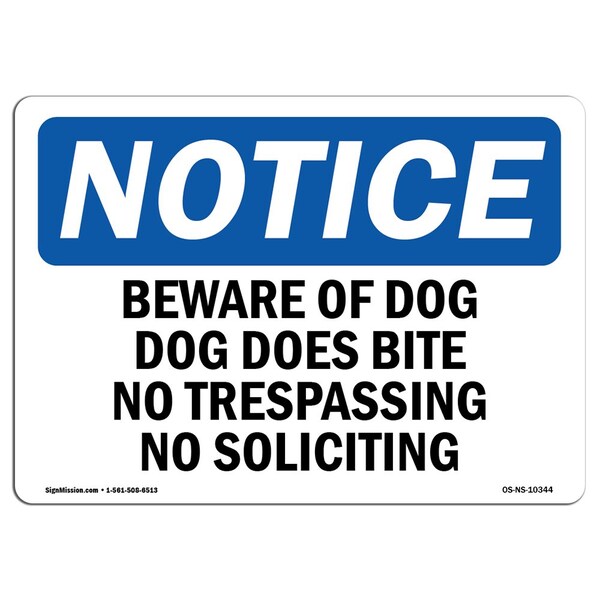 Signmission Beware Of Dog Dog Does Bite No Trespassing , 10 Inch X 7 Inch, Plastic Sign OS-NS-P-710-L-10344 - main