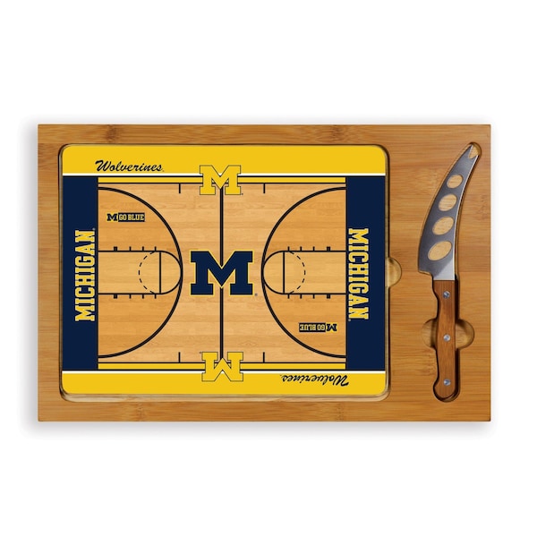 Picnic Time Family Of Brands NCAA Michigan Wolverines Basketball Court Icon Glass Top Cutting Board & Knife Set 910-00-505-345-0 - main