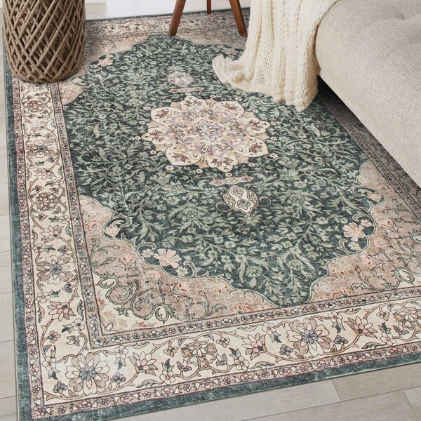 World Rug Gallery Traditional Oriental Medallion Washable Non Slip Area Rug 3 ft x 5 ft Green WR84GREEN3X5 - main