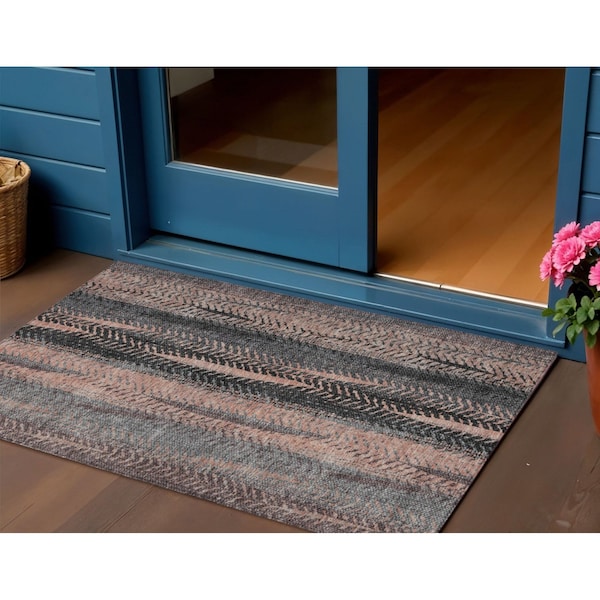 Homeroots 3' X 5' Blue Charcoal And Copper Botanical Leaves Washable Indoor Outdoor Area Rug 581948 - main