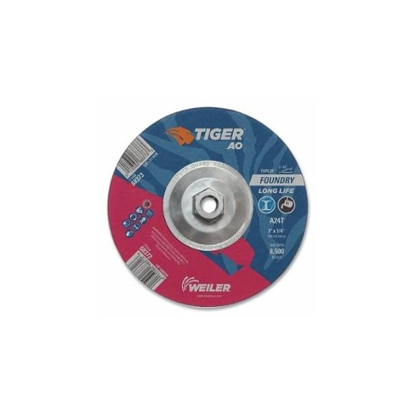 Weiler Tiger Grinding Wheel, 7 in dia x 1/4 in Thick x 5/8 in-11 Arbor, 24 Grit, Aluminum Oxide, Type, 10PK 804-68373 - main