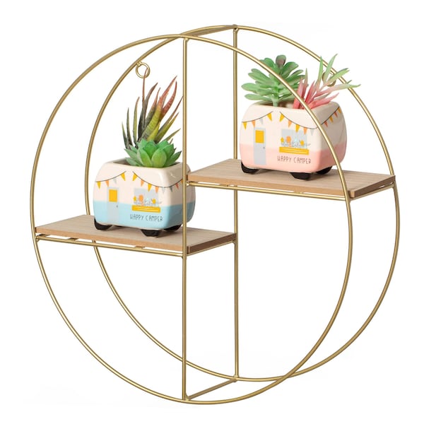 Vintiquewise Elegant 2-Tier Decorative Floating Circular Silhouette Wall Shelf - Circular Metal and Wood QI004691.2GD - main