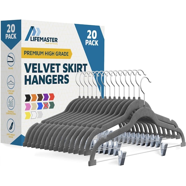 Lifemaster Velvet Skirt Hangers, Adjustable Clips, 360 Deg Swivel Hook, Non-Slip, Holds 10 lbs, Gray, 20PK LMVSH20GY - main