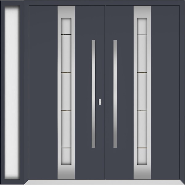 Vdomdoors Metal Double Doors Deux 1717 Gray Graphite Frosted Glass 1 Sidelight Entry Modern Painted 84x96 (W7 DEUX1717DEXD-GRE-W72+12xH96-LH-O - main