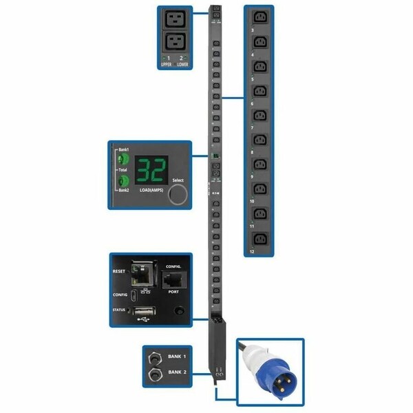 Eaton 7.7kW Single-Phase Switched PDU with LX Platform Interface, 230V Output, IEC 309 32A Blue, 10 ft. PDUMV32HVNETLX - main