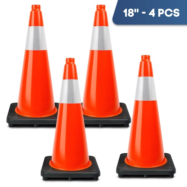Dsv Standard Traffic Safety Cones 18 in with Heavy Black Base and Reflective Collar 4 PK, Orange, PVC, 4PK 97418 - main