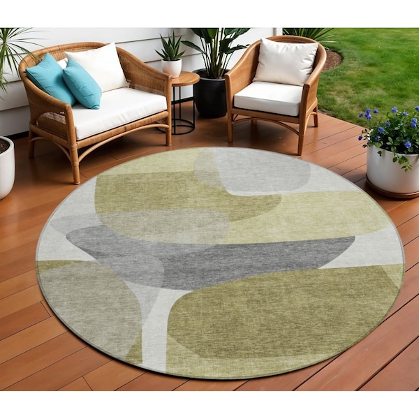 Homeroots 8' Fern Green And Gray Round Abstract Washable Indoor Outdoor Area Rug 632157 - main