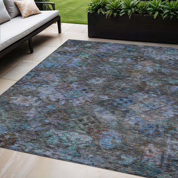 Homeroots 5' X 8' Teal Blue And Charcoal Floral Washable Indoor Outdoor Area Rug 604163 - main