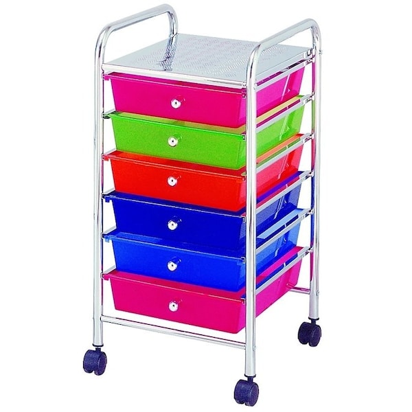 Simple Spaces Storage Cart, 13 in OAW, 26 in OAH, 15-3/8 in OAL, 6-Shelf, Blue/Green/Orange/Pink Shelf G006-CH - main