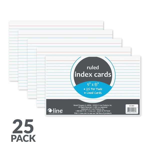 C-Line Products 5" x 8" White Ruled Index Cards of 25, 30 EA/CT 49907-CT - main