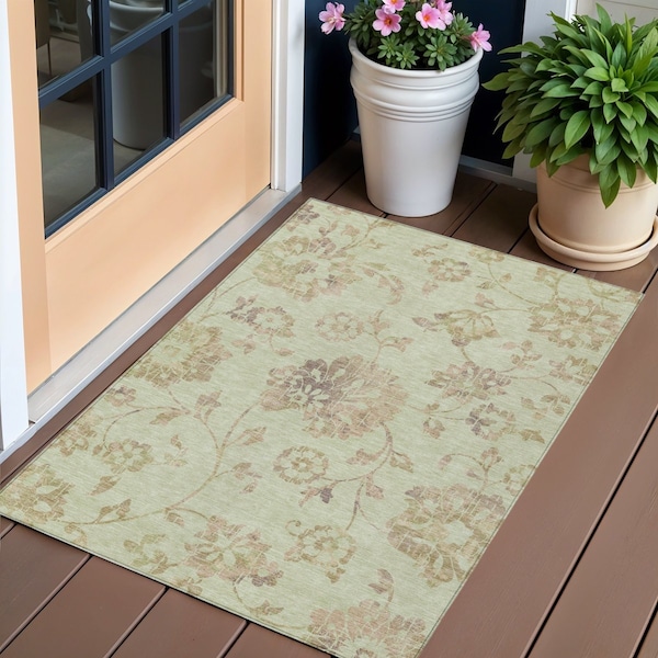 Homeroots 3' X 5' Artichoke Green Mint Green And Taupe Floral Washable Indoor Outdoor Area Rug 589446 - main