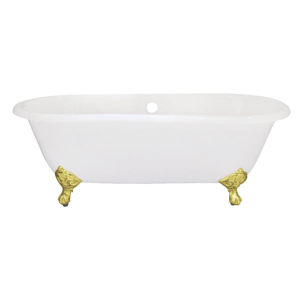 Kingston Brass 66" Cast Iron Oval Double Ended Clawfoot Tub, No Faucet Drillings, White/Polished Brass VCTND663013NB2 - main