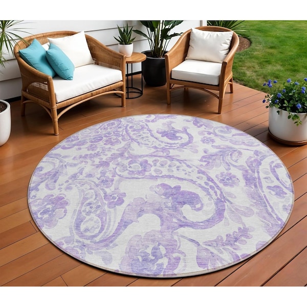 Homeroots 8' Lavender Ivory And Purple Round Paisley Washable Indoor Outdoor Area Rug 588650 - main