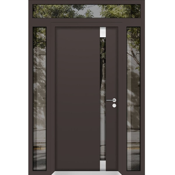 Vdomdoors Aluminum Door Cynex 6777 Brown Entry Steel Metal Modern Painted W14+36+14xH80+16 Left Inswing CYNEX6777EXD-BRW-W14+36+14xH80+16-LH-I - main