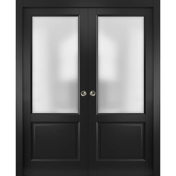 Sartodoors Sliding French Double Pocket Doors 48 x 84 inches, Lucia 22 Matte Black with Rain Glass, Kit Trims LUCIA22DP-BLK-4884 - main
