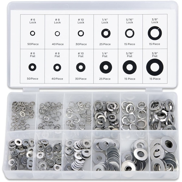 Neiko Stainless Steel Lock and Flat Washer Assortment, 350 Piece Set, 12 Different Sizes 50400A - main