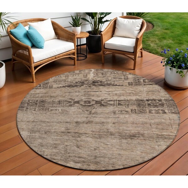 Homeroots 8' Brown And Taupe Round Medallion Washable Indoor Outdoor Area Rug 616108 - main