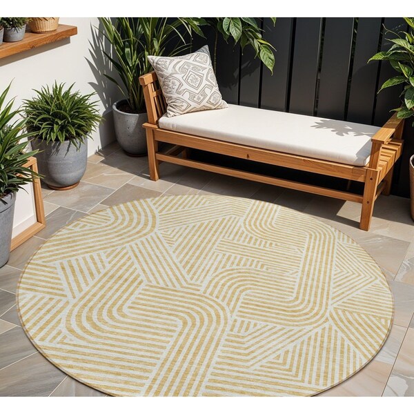 Homeroots 8' Gold And Beige Round Abstract Washable Indoor Outdoor Area Rug 594931 - main