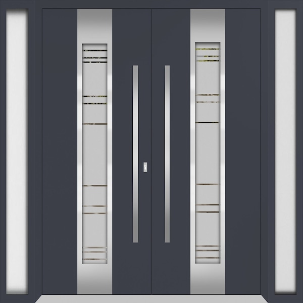 Vdomdoors Aluminum Double Doors Deux 0757 Gray Graphite Frosted Glass 2 Sidelights Entry Modern Painted 100x9 DEUX0757DEXD-GRE-W14+72+14xH96-RH-O - main