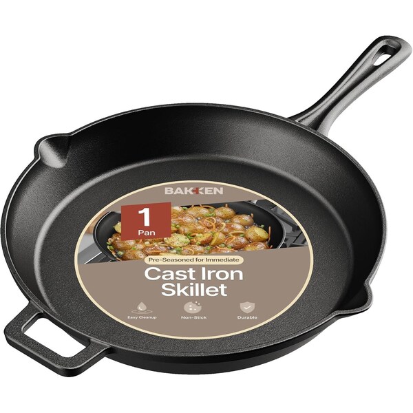 Bakkenmaster Bakken 12 in Cast Iron Skillet, Pre-Seasoned Frying Pan, Even Heat, Stove & Oven Safe BAKCAST12S - main